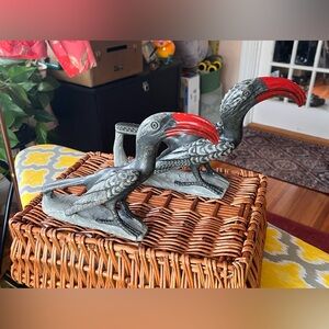 Decorative Pair of Hornbill Figurines with Gray & Red Beaks